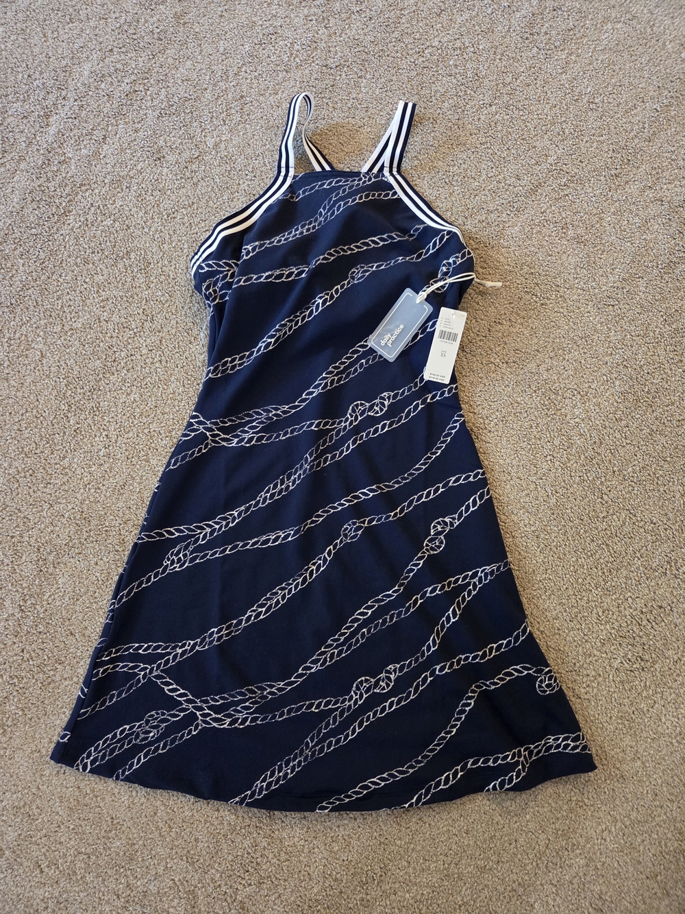 Navy Midi Dress with White Rope-Print and Striped Racerback